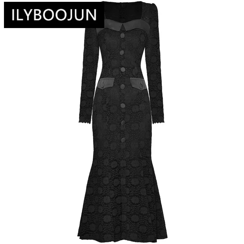

Женское модельное винтажное платье ILYBOOJUN, черное кружевное длинное платье с квадратным вырезом, пуговицами и высокой талией