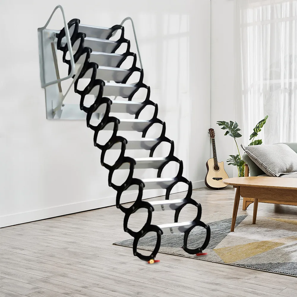 

12 Steps Wall Mounted Ladder Attic Loft Stairs Corrosion-resistant Folding Telescopic Stairs W/ Anti-slip feet & Safe Handrails