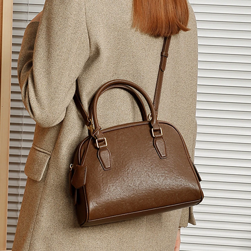 Burminsa جلد البقر البولينج حقائب يد جلدية حقيقية للنساء 2025 مصمم فاخر بوسطن حمل العمل السيدات حقائب الكتف Crossbody