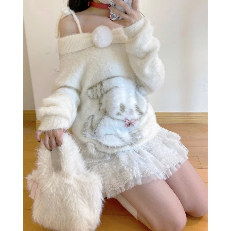 Women White Pullover Knitted Sweater Harajuku Aesthetic Y2k Long Sleeves Sweaters Fashion Vintage 2000s Clothes Chic  2024