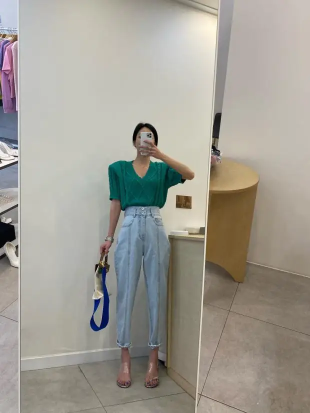 

High Waist Straight Leg Harlan Jeans Women's Cherry Blossom Pink Casual Loose Slimming Small Size Dad Pants Denim