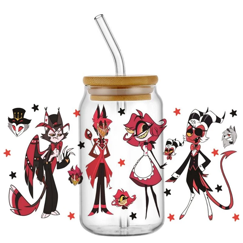 جديد فندق Hazbin نمط Uv Dtf كأس التفاف نقل ملصقات ثلاثية الأبعاد تسميات شعار ل 16 أوقية بهلوان الزجاج يمكن ذاتية اللصق مقاوم للماء