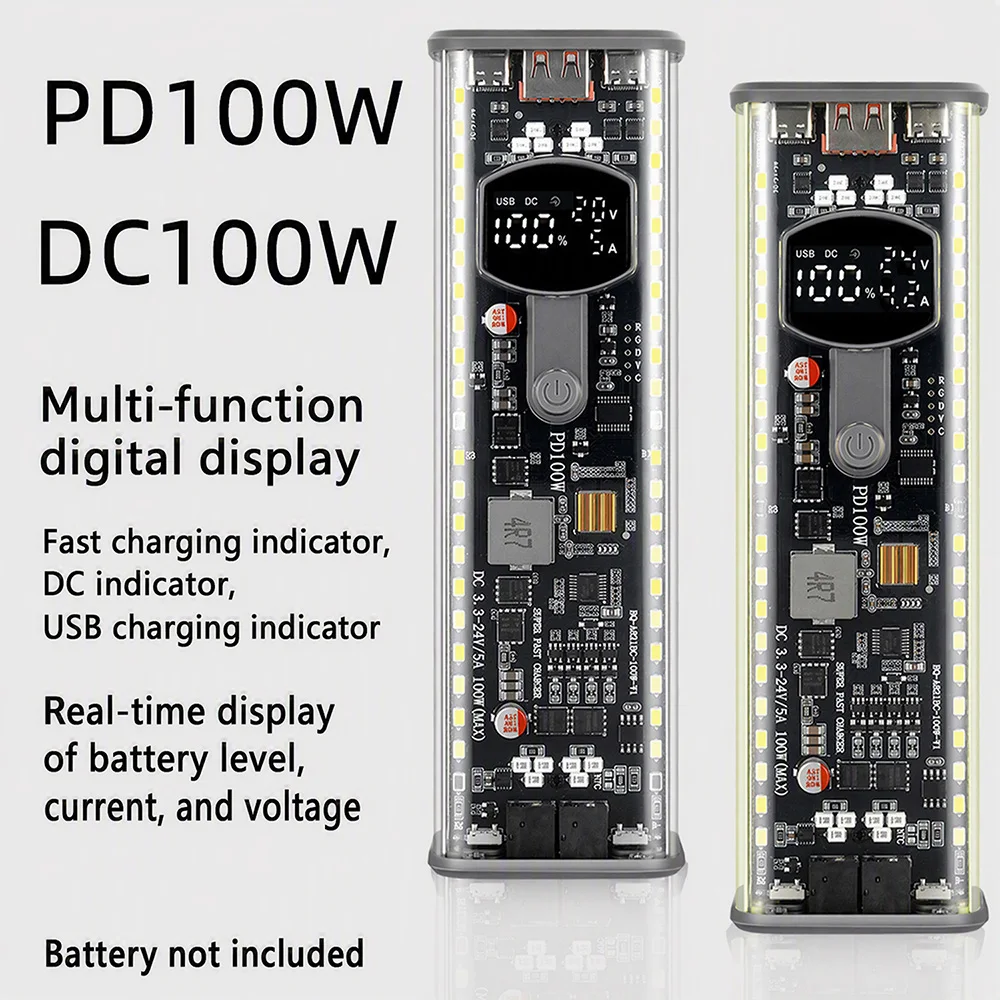 PD 100W Fast Charge Transparent Power Bank Case 8‑Cells Solder‑Free 21700 Battery Holder Kit DC Voltage Adjustable with LED Ligh