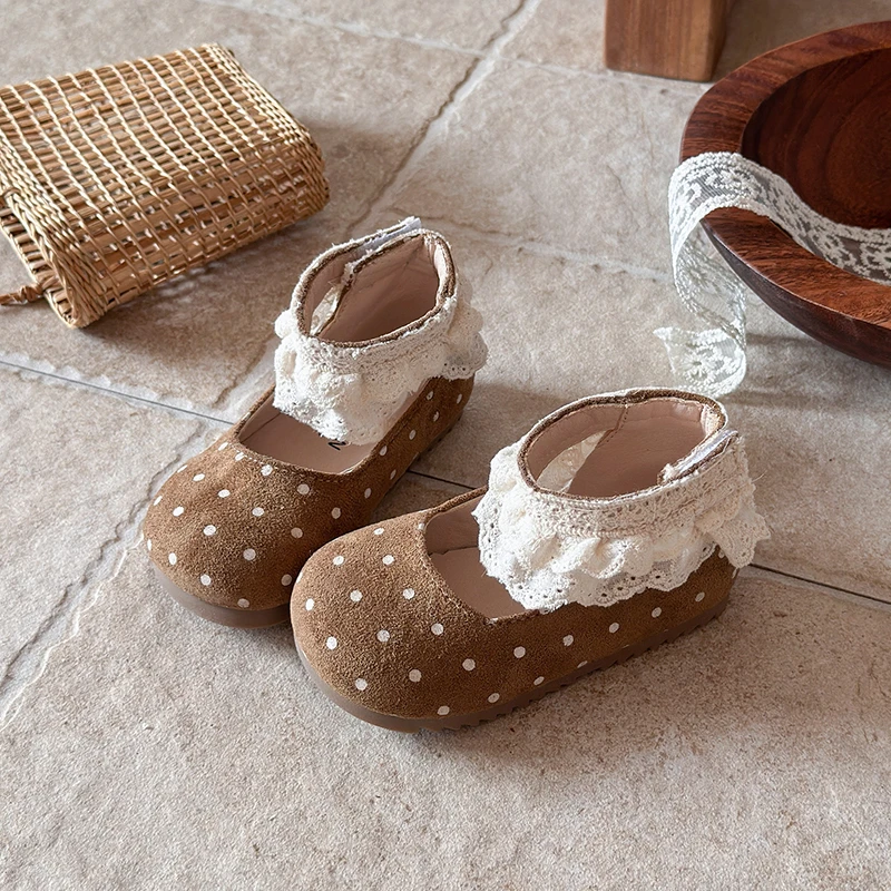 Girls Mary Jane Flats Toddler Little Kids Polka‑Dot Lace Ruffle Soft Non‑Slip Sole Vintage Casual Daily Dress Footwear