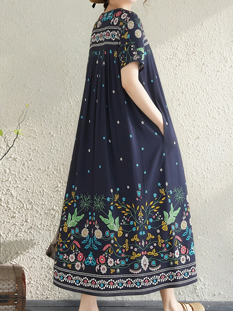 2026 Summer New plus Size Loose Cotton Silk Dress Women's Holiday Style A-Line Long Skirt Breathable Comfortable Short Sleeve