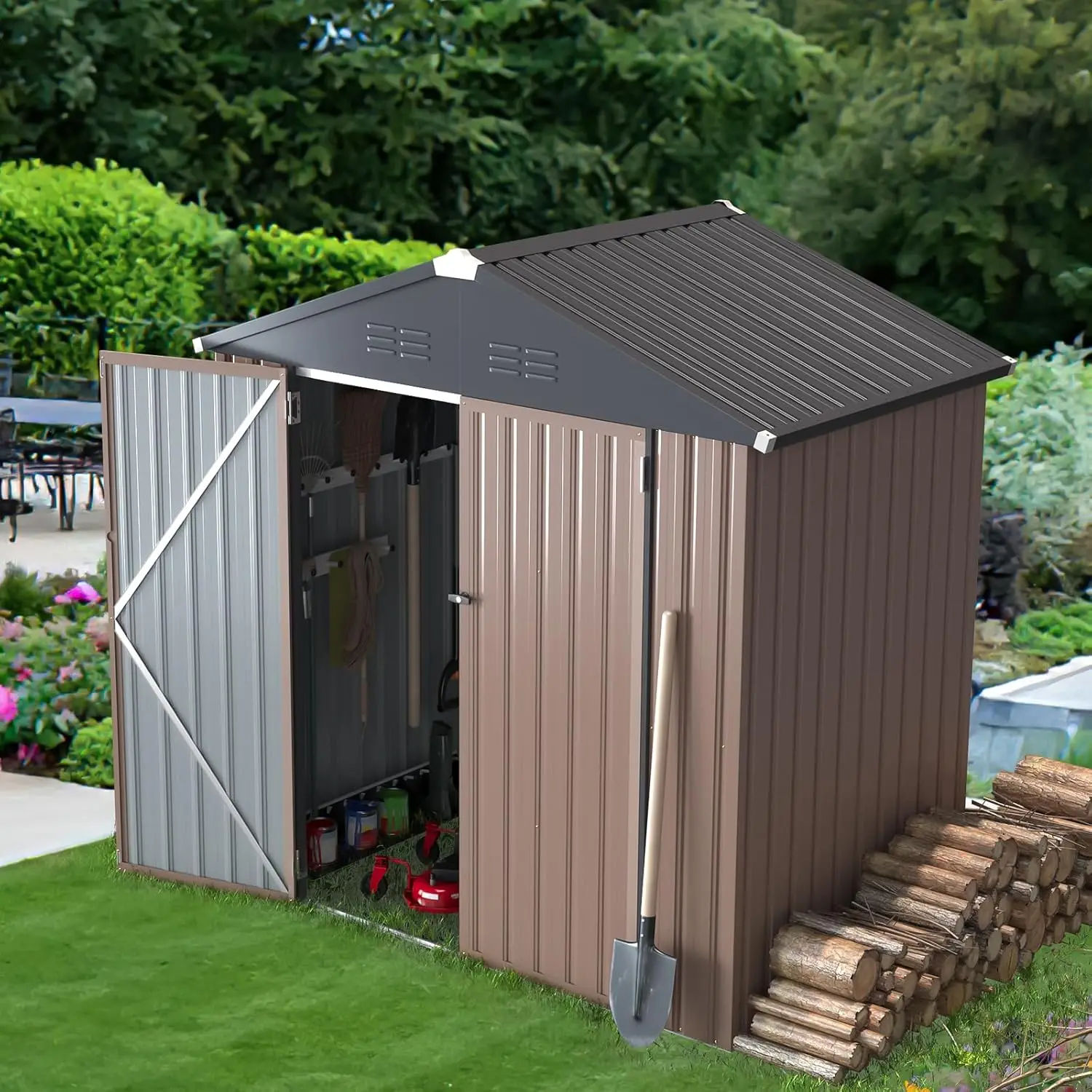 Outdoor Backyard and Patio, Metal, No Color Mentioned, Small with Lockable Doors for Utility and Tool Storage