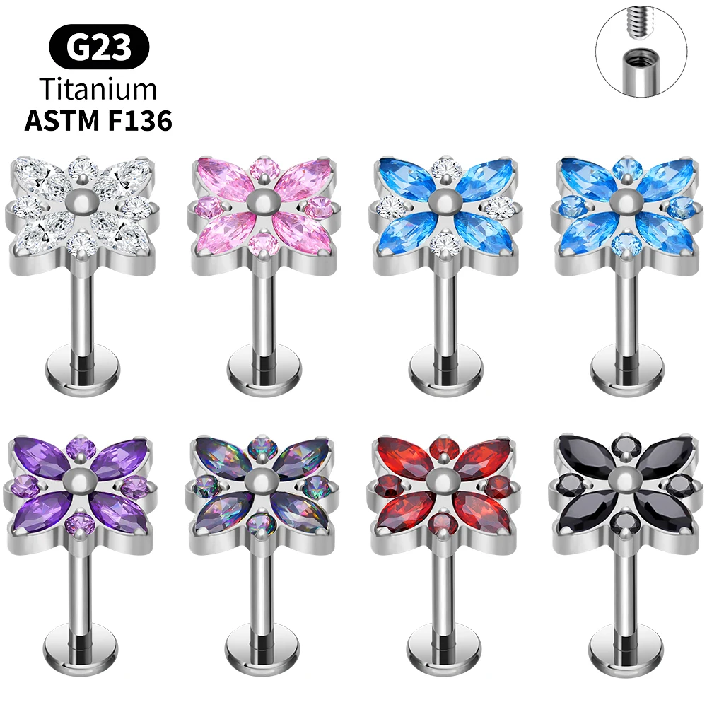 F136 Titanium Piercing Luxury CZ Flower Labret Stud Internal Thread Lip Tragus Helix Piercing Jewelry Wholesale Lot