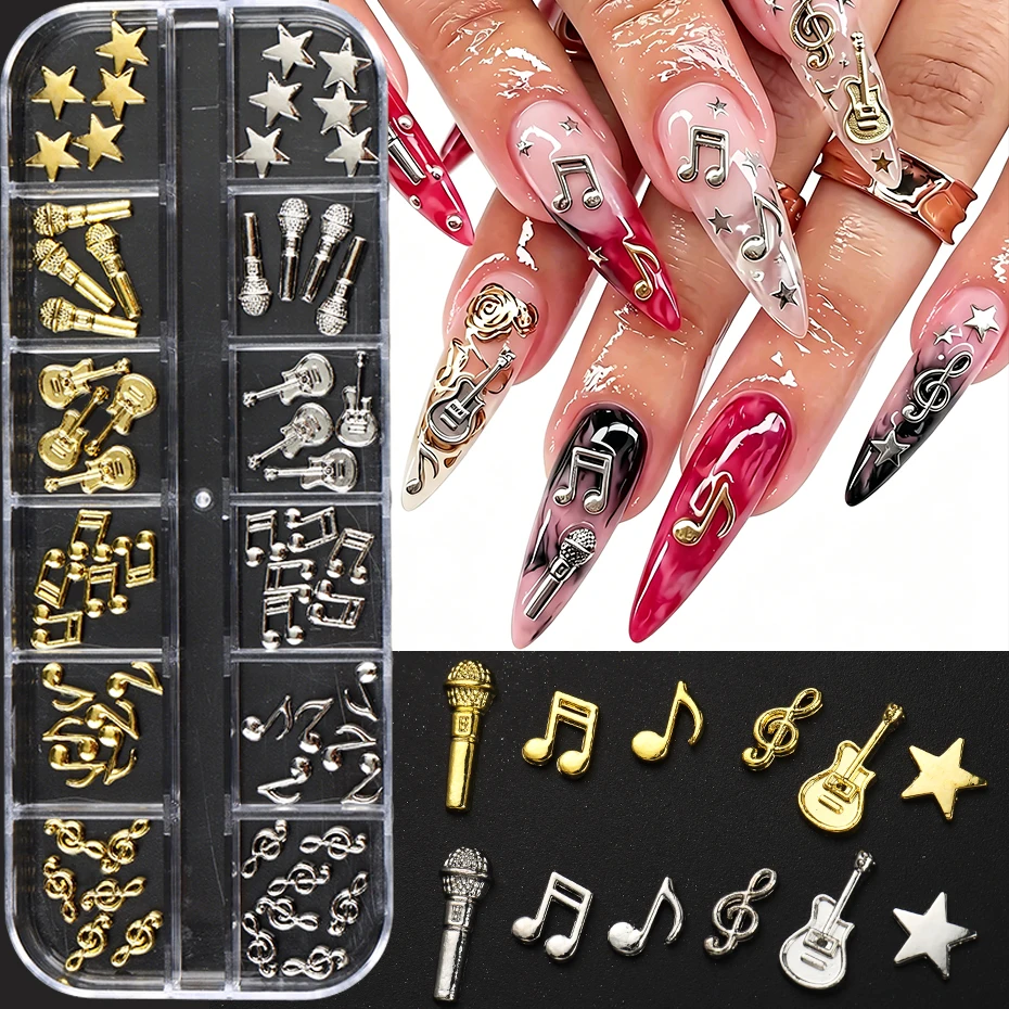 12 Grids Golden Silvery Instruments Metal Nail Art Charms Notes, Guitar, Microphone Punk Style Music Elements Rivet Nail Decor