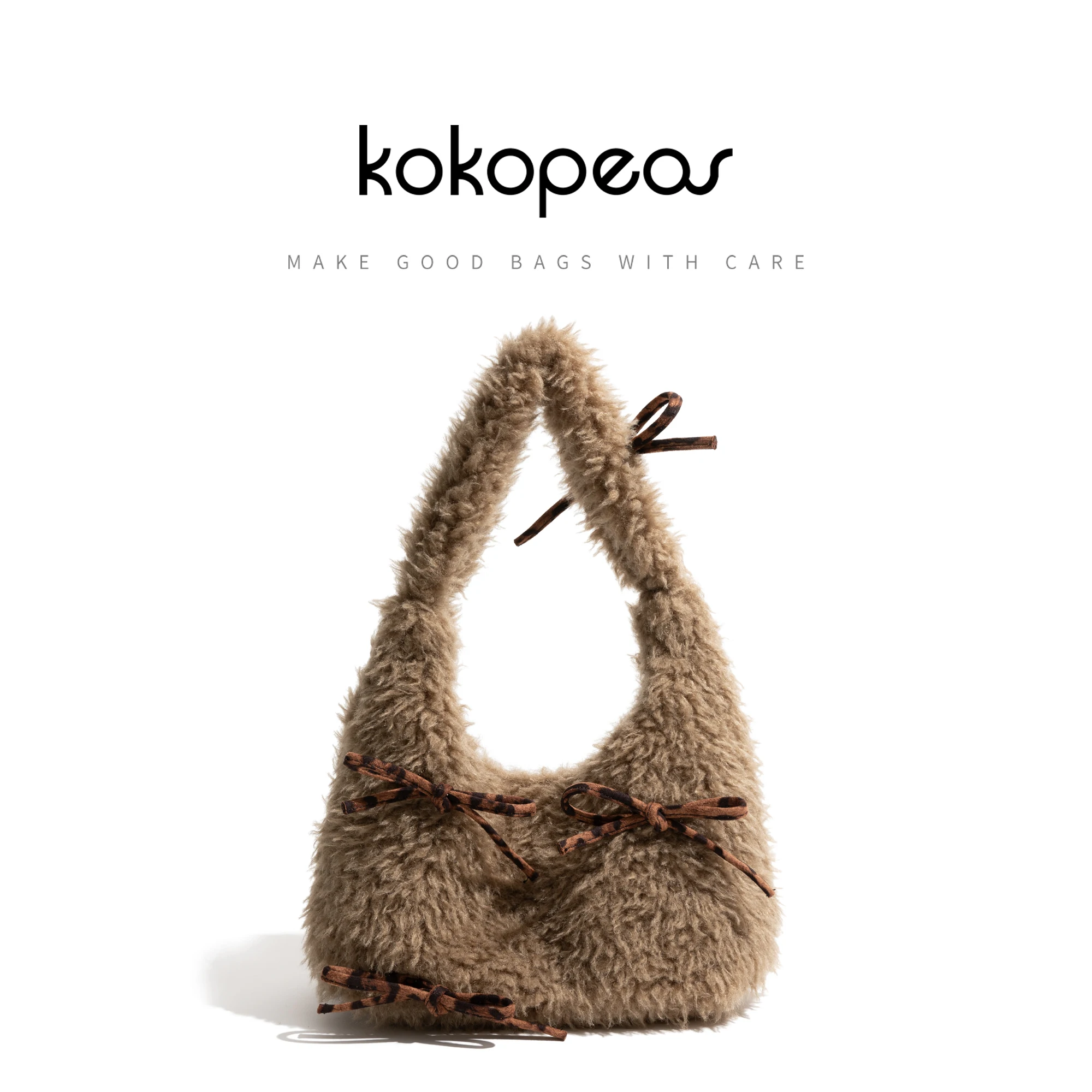 

KOKOPEAS Winter Faux Fur Plush Casual Underarm Shoulder Pouch Solid Color Simple Bow Decoration Women's Phone Purse Hobo Handbag