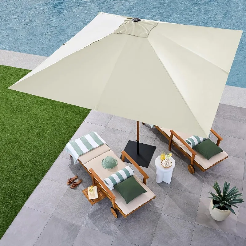 

Deep Square Solar Powered LED Lighted Patio Umbrella w/Faux Wood Texture, UV-Resistant Fabric, Hand Crank