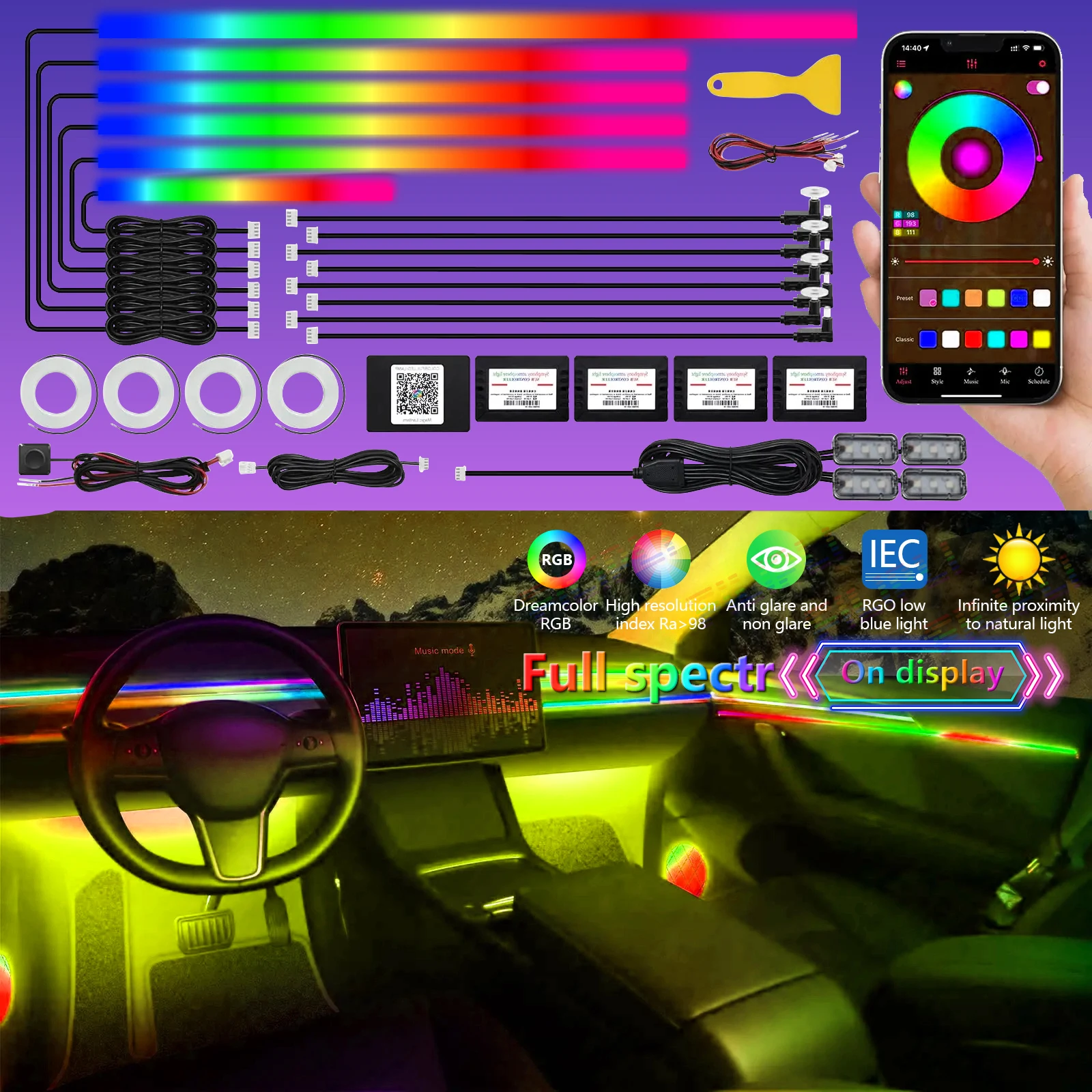 18 In1 Symphony Car Ambient Lights  Full Color Universal Decoration Atmosphere Lamp 64 RGB Acrylic Colorful Streamer Rainbow LED