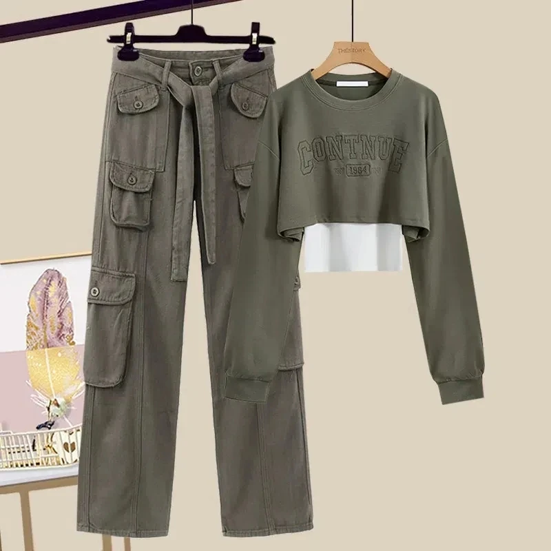 Ropa de estilo Safari para mujer, a la moda con letras Camiseta corta de retazos, pantalones Cargo, Conjunto de sudadera de 2 piezas 2023