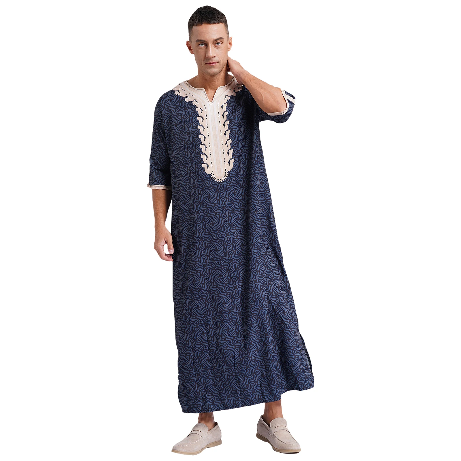 Robe estampado muçulmano islâmico masculino, roupas de cosplay gola V, manga curta, bainha de fenda, caftan solto, túnica árabe para festa, loungewear para férias