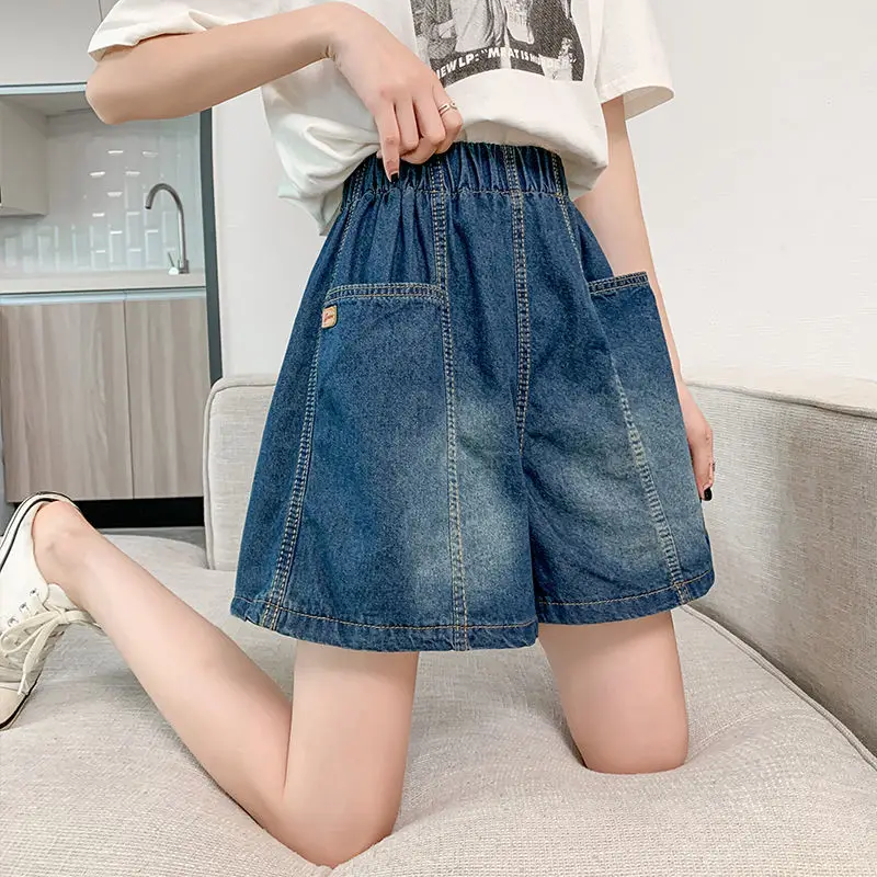 Woman Solid Loose Denim Shorts Female Clothing Summer New Vintage Elastic Waist Pockets Shorts Ladies Short Pants Femme Q385