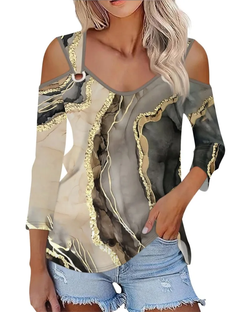 2024 Women's New Long Sleeve Sexy Off Shoulder Fashion Metal Buckle Multi Color Printed Casual Comfortable T-shirt