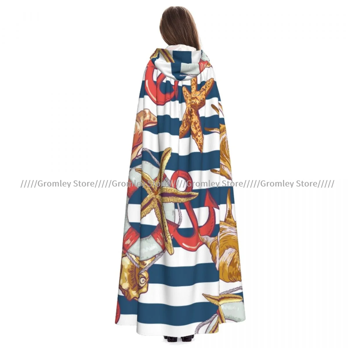 Witch Long Hooded Robe Summer Pattern With Sea Shells Anchor Halloween Cloak Cosplay Costumes for Adult