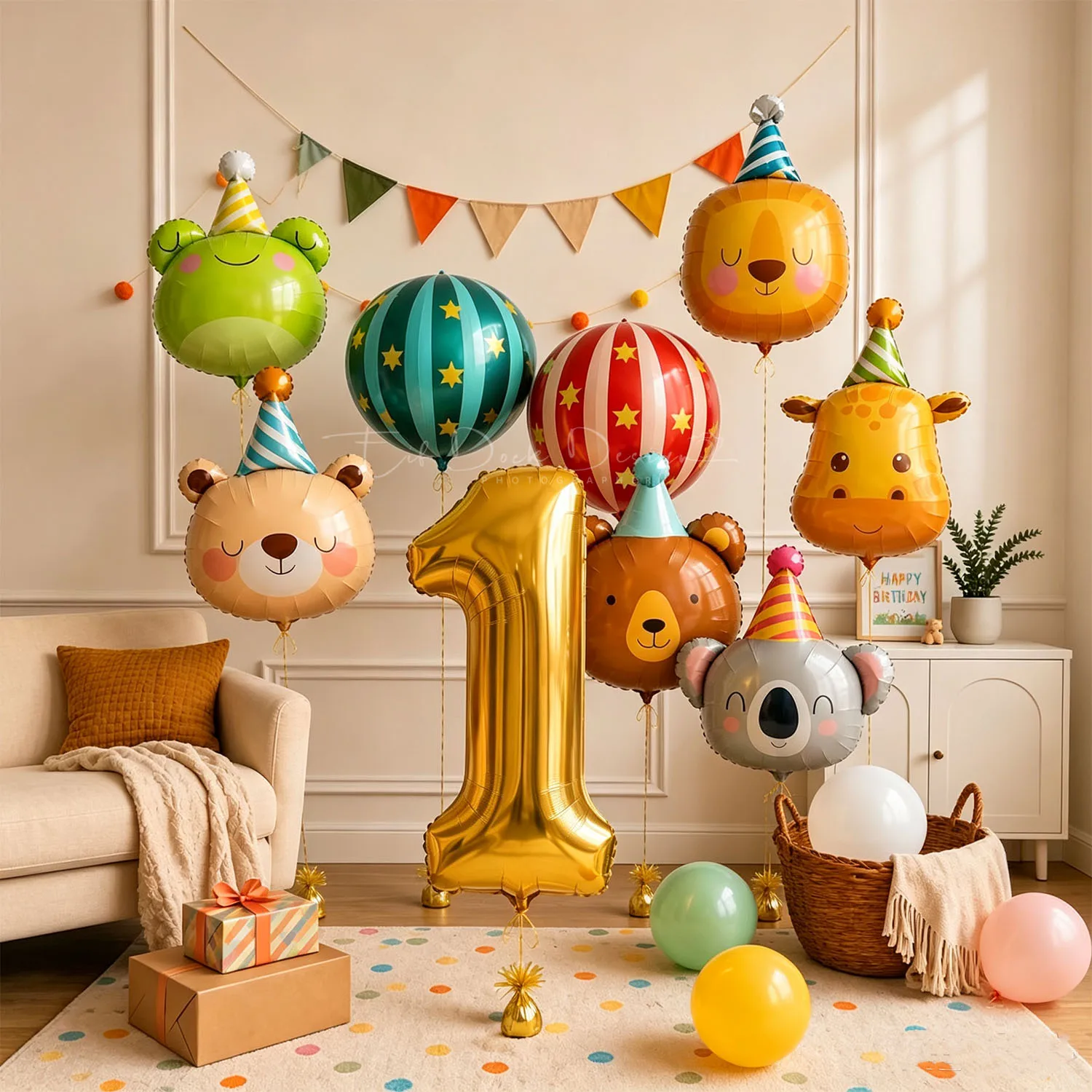 Zirkus-Cartoon-Tier-Folienballons Niedlicher Koala Braunbär Hirsch Goldene Zahlenballons für Kindergeburtstagsfeier Dekoration Szenengestaltung