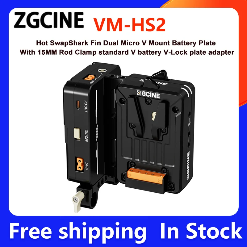 ZGCINE VM-HS2 Hot Swap/Shark Fin Dual Micro V Mount Battery Plate With 15MM Rod Clamp V-Lock Battery Plate USB-C PD 100W Output