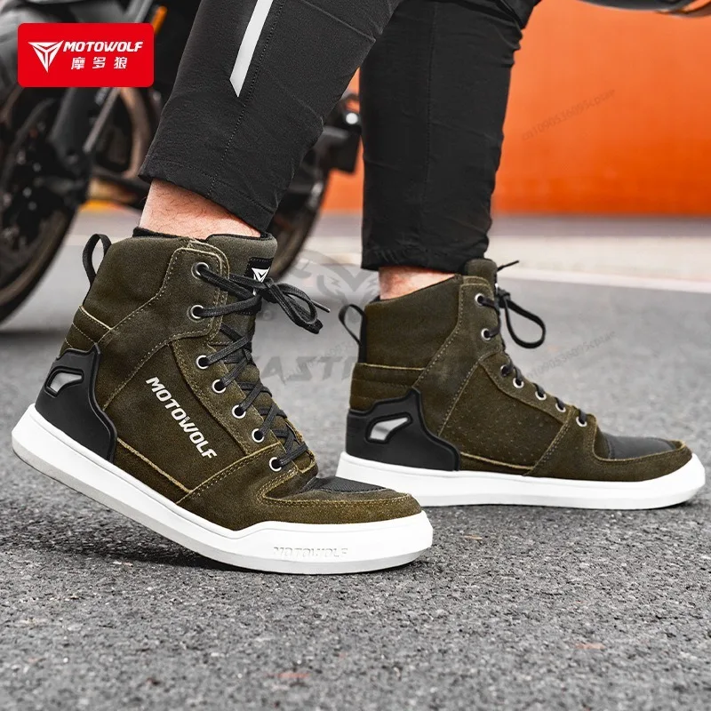 MOTOWOLF الجلود دراجة نارية أحذية الرجال المضادة للانزلاق وحيد الكاحل الحرس تنفس عدم الانزلاق المضادة للسقوط عاكسة دراجة نارية الأحذية