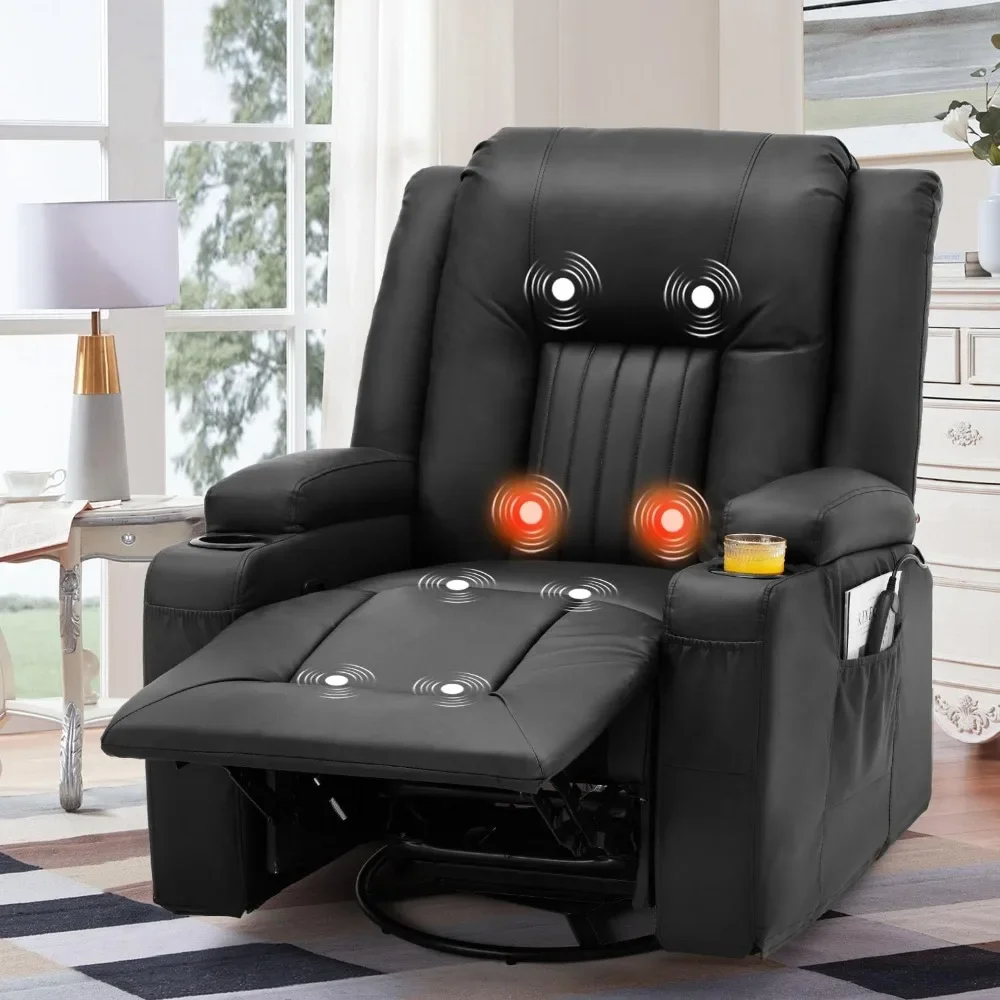 Massage Manual Recliner Chair with Heat, Leather Rocking Recliner Swivel Recliners Lazy Boy Recliner Chair w/ 2Side Pockages