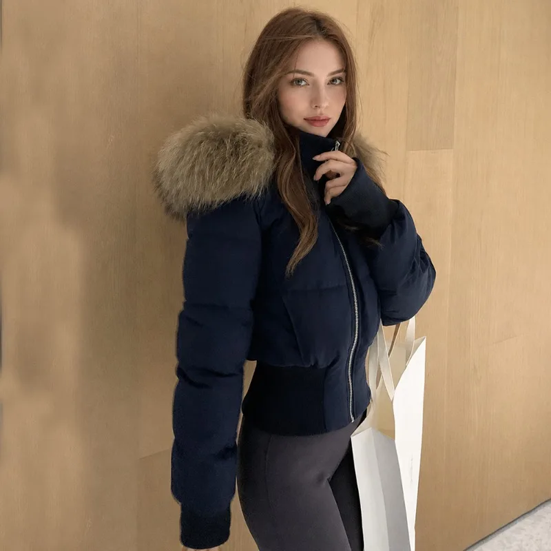 Talenza Women Faux Fur Trim Hooded Cropped Puffer Jacket Zip Up Long Sleeve Ribbed Cuff Solid Quilted Winter Daily Street Jacket