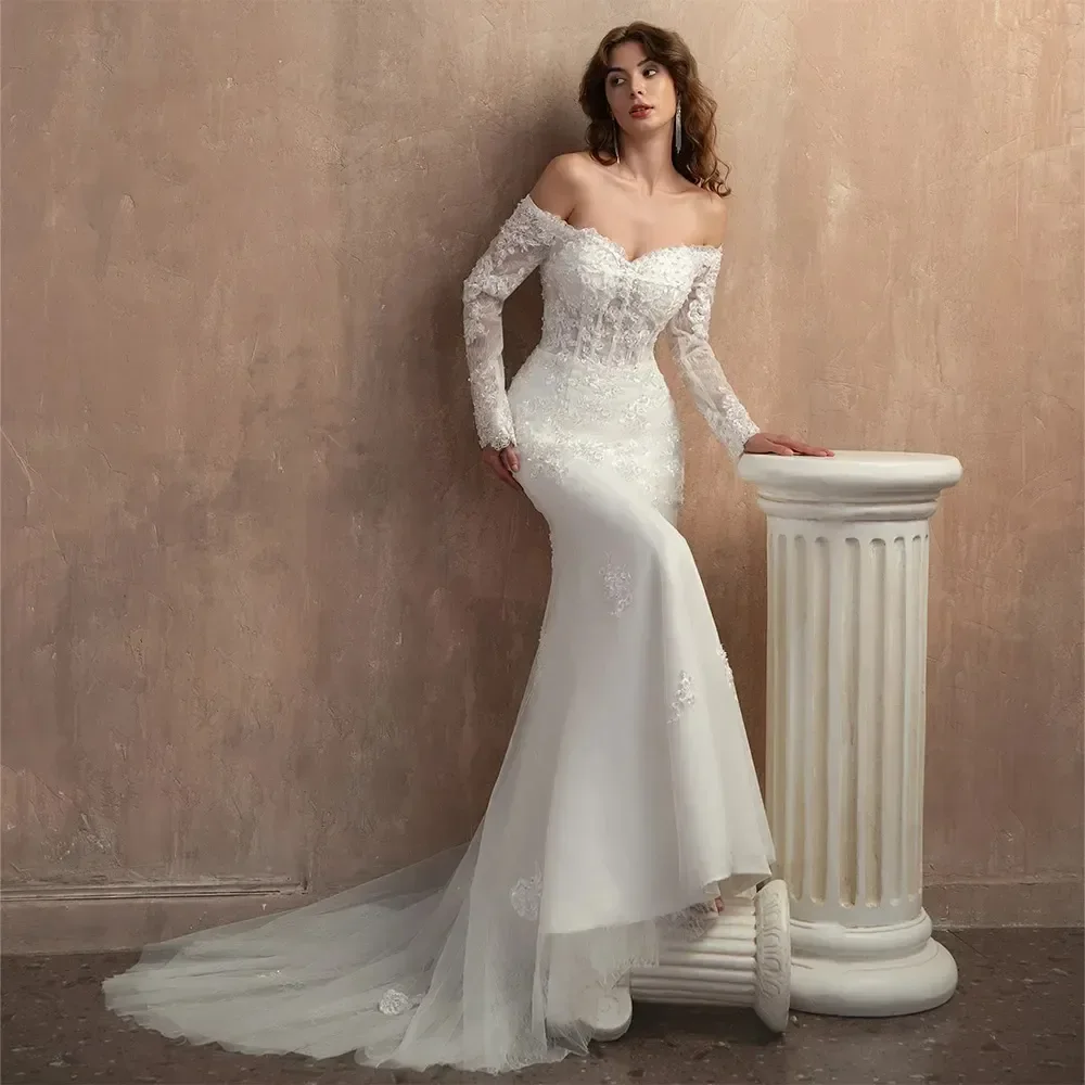 Eleganza splendido abito da sposa in Tulle Applique manica lunga Sexy sirena sweetheart lunghezza del pavimento abito da sposa Vestidos de Novia