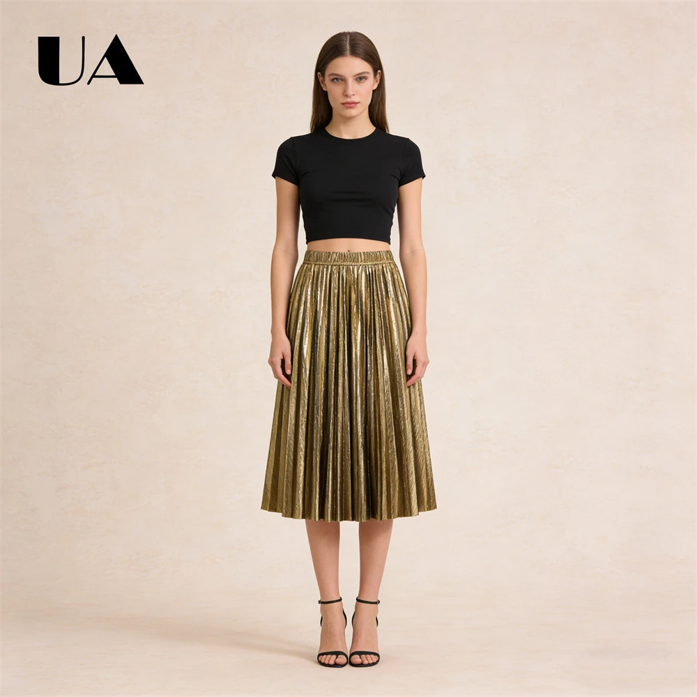 ULBYANRY 2026 Jupe métallique brillante de printemps pour femme, jupes plissées mi-longues trapèze, taille unique 78 cm de long
