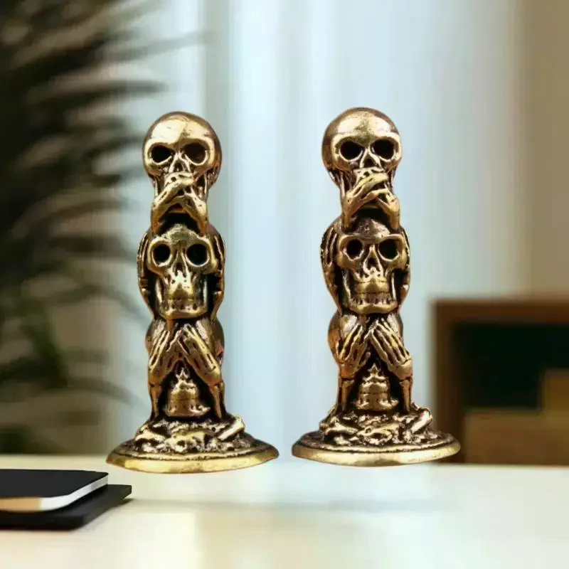 1PC Brass Three Layers Skull Heads Small Statue Desktop Decorations Vintage Punk Miniatures Figurines Home Decors Ornaments
