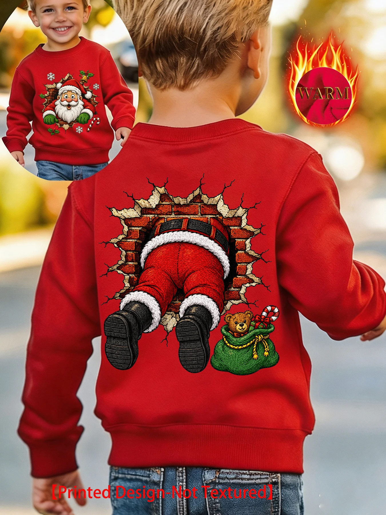 1pc Santa Break Through Wall Graphic Kids Crew Neck Sweatshirt Unisex Boys Girls Casual Outfit for Winter Christmas Family Photo