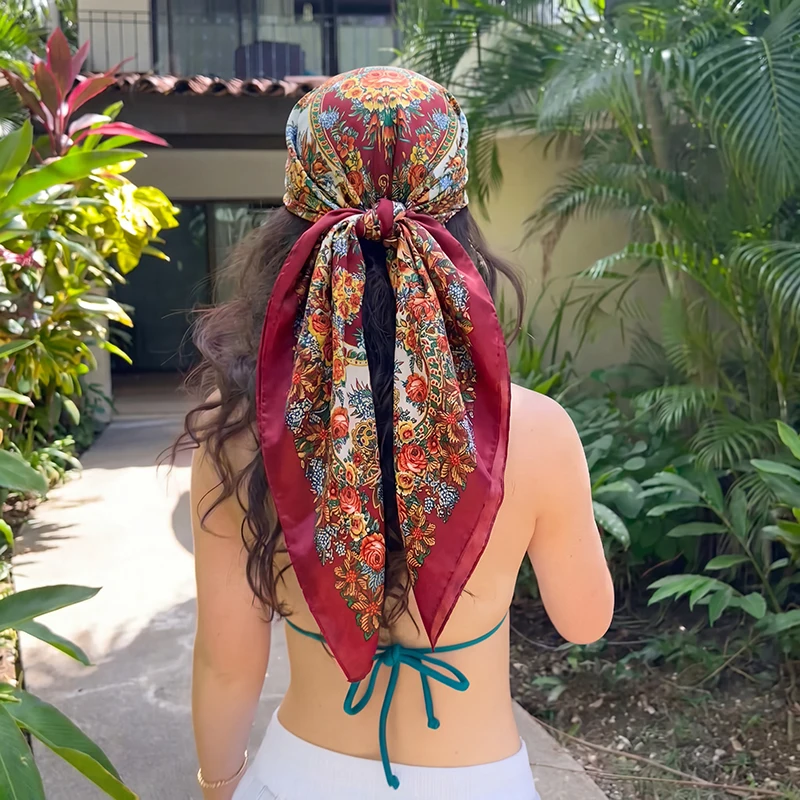 

Luxury Satin Square Scarf Summer Women Hijab Bohemian Floral Pattern Bandana Breathable Neck Tie Headband Party Hair Accessory