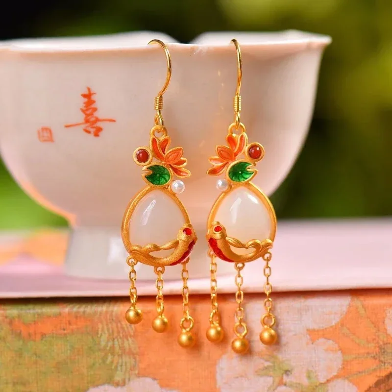 

Ancient Gold Craft Inlaid Natural Hotan White Jade Earrings for women Water Drops Court style Vintage Enamel Lotus Leaf jewelry