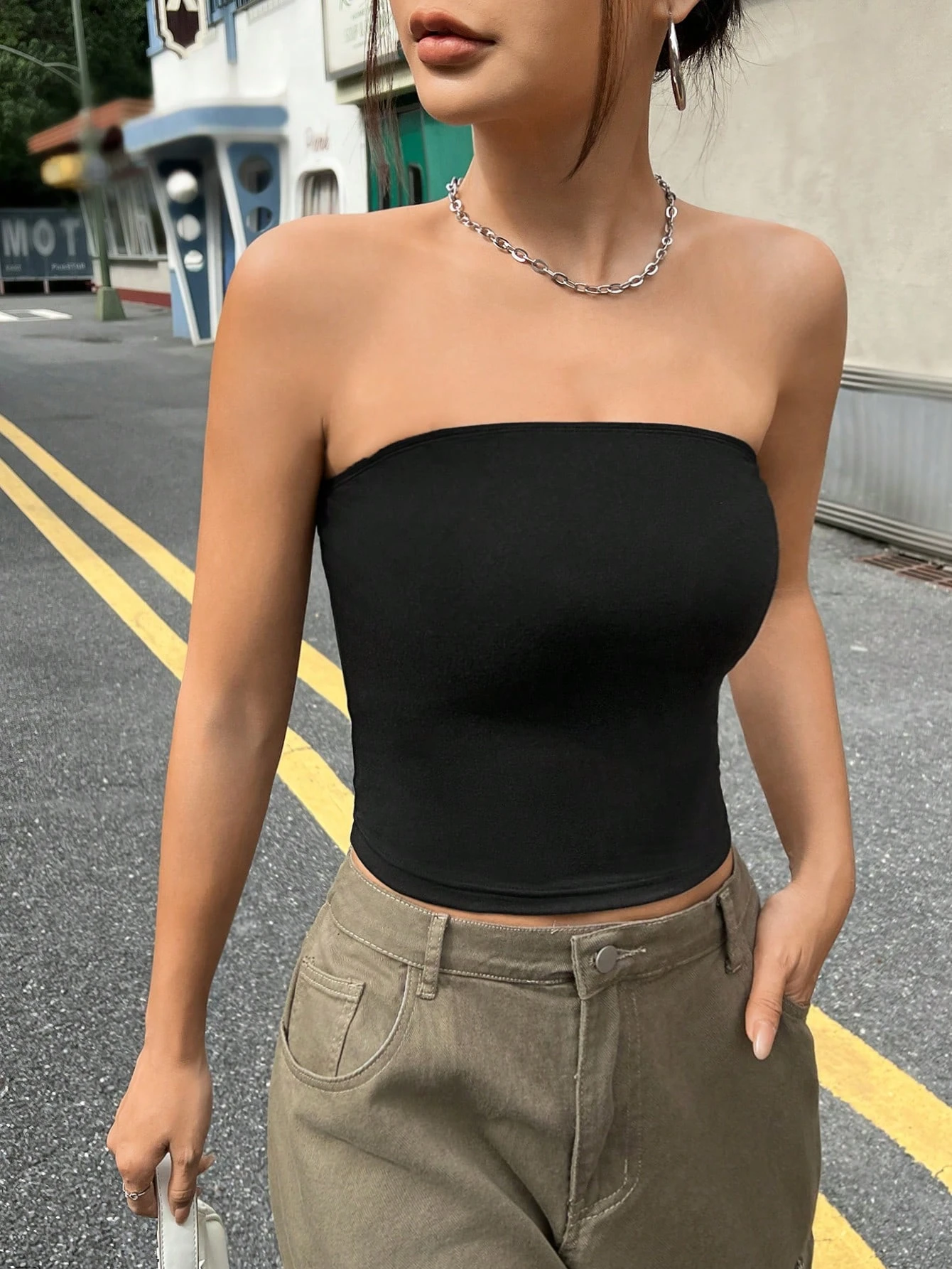 Women Solid Strapless Tube Top Slim Fit Crop Bandeau Y2K Basic Daily Street Layering Tank Top