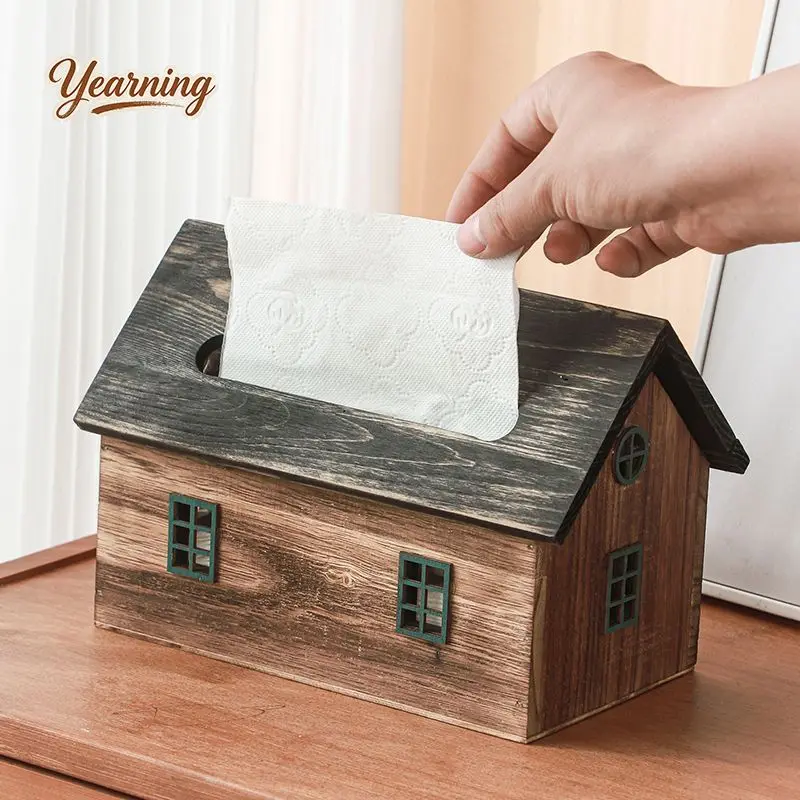 

Creative Wooden Retro Small House Tissue Box for Living Room Study Dining Table High Value Homestay Hotel Essential