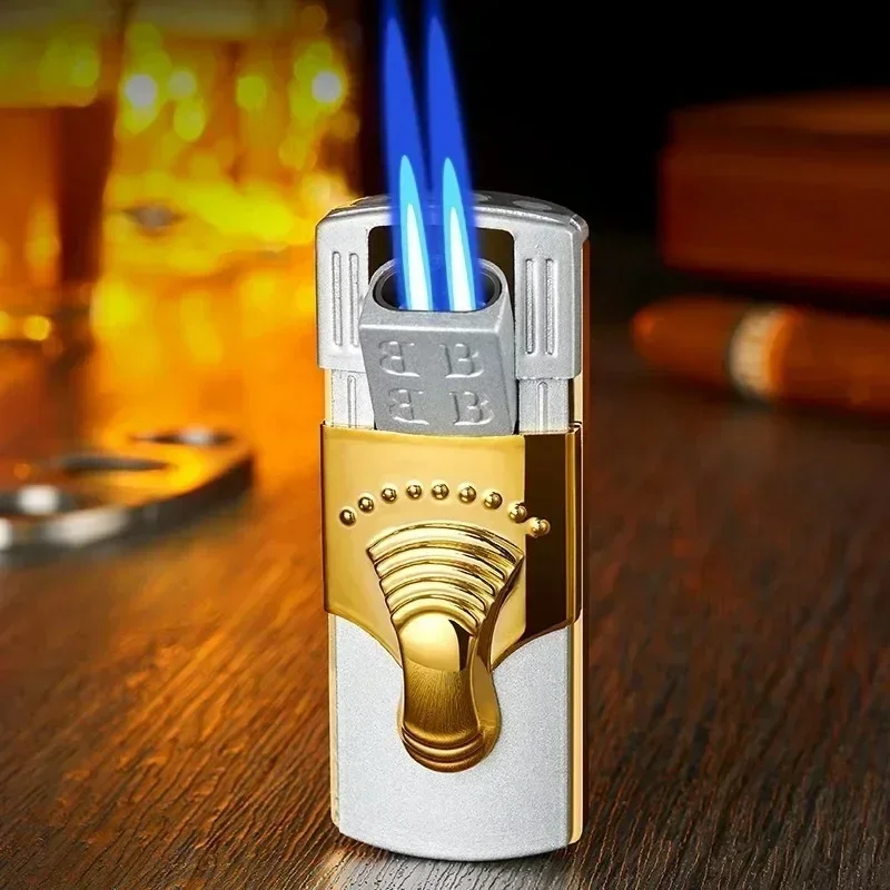 Portable Windproof Dual Direct Jet Blue Flame Lighter, High-end Hidden Ignition Port Inflatable Lighter, Business Gift