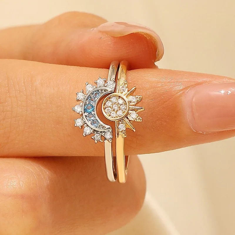 New Women's Ring Sun and Moon Stackable Copper Material Fashion Couple Ring Inlaid with Zircon Casual Luxury Shooting