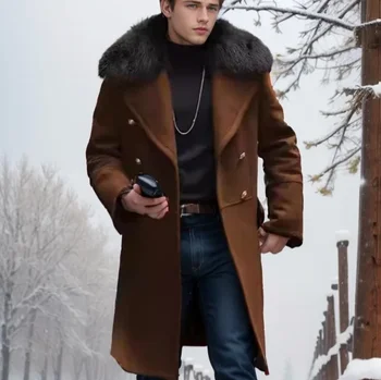 Men's Fur Collar Wool Coat 3 European and American Men's Casual Woolen Coat for Autumn and Winter, Young Men's Double-breasted Fur Collar Overcoat S-5XL 3