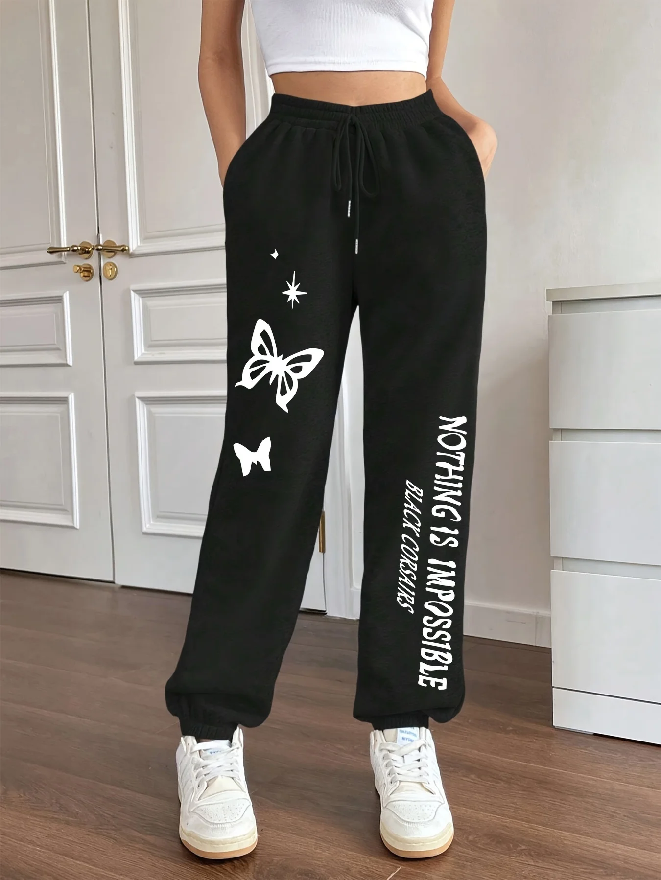 Butterfly Letter Printing Women's Elastic Waist Pants Comfortable Drawstring Long Pant Fashion Casual Female Sports Sweatpants