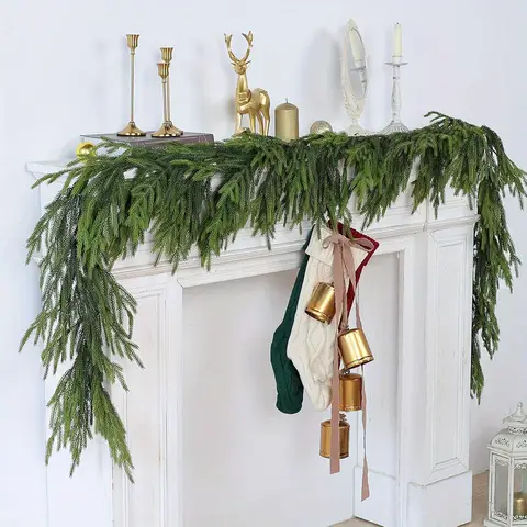 Real Touch Norfolk Pine Garland with Green Vine - Lifelike Artificial Greenery for Christmas, Table, Mantle, Wall Decor, Decor