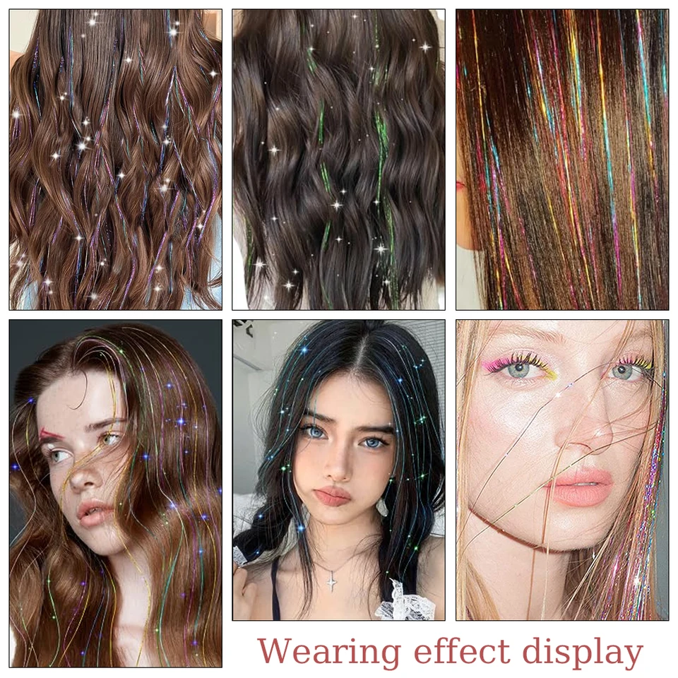Extensiones de cabello sintético con brillo de 93/120 cm, mechones arcoíris con tinsel, para niñas, decoración para el cabello 6