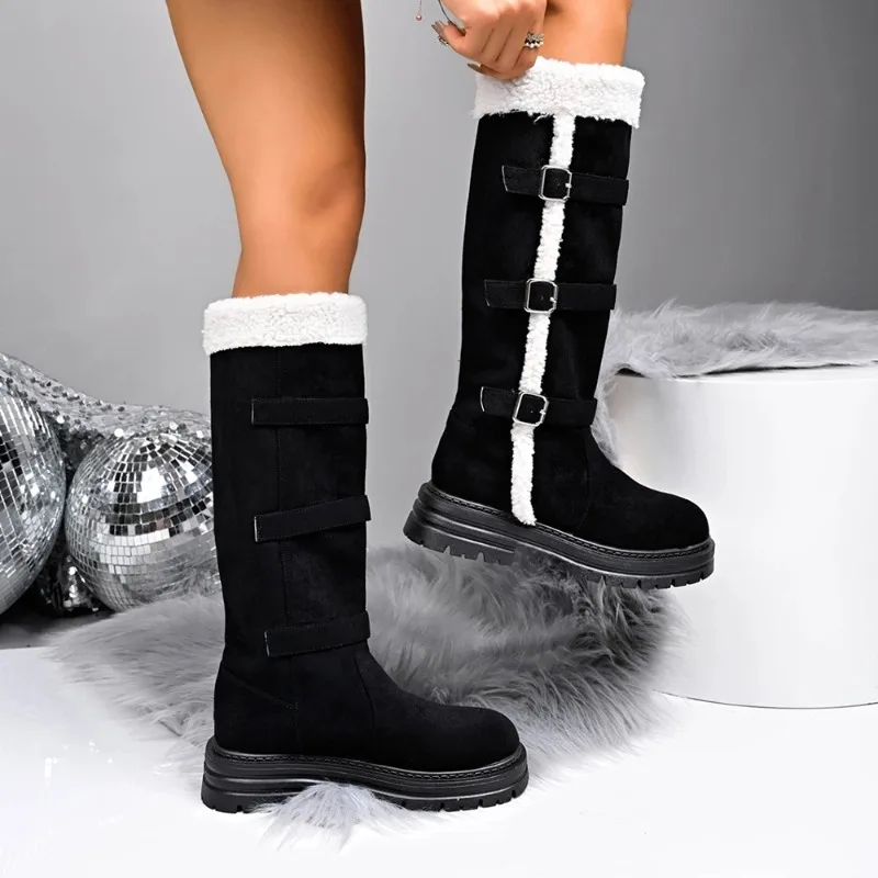 

2025 Winter Women's Mid-tube Cotton Boots Fashion Round Toe Belt Buckle Anti-slip Wear-resistant Womens Snow Boots Botas Mujer