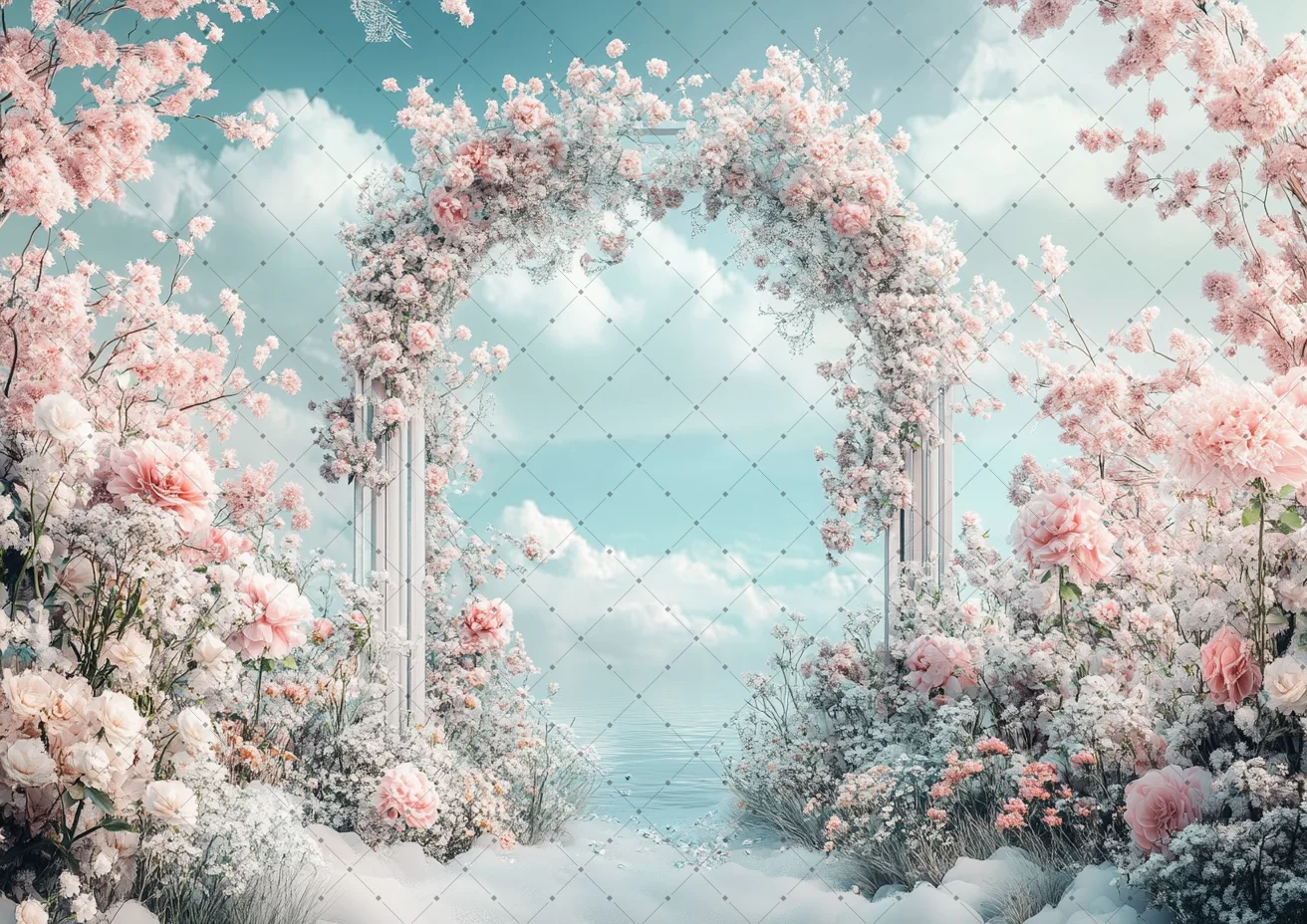 الأبيض الوردي قوس الزهور خلفية الستار شنقا اللف النسيج خلفية الستائر الزفاف عيد ميلاد الديكور التصوير الدعائم