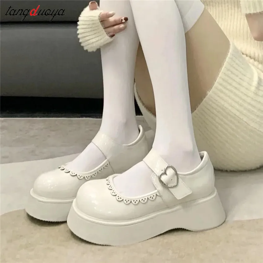 beige Lolita Shoes Women Japanese Style Vintage Soft Leather Mary Janes Platform Shoes High Heels College Student Cosplay Shoes