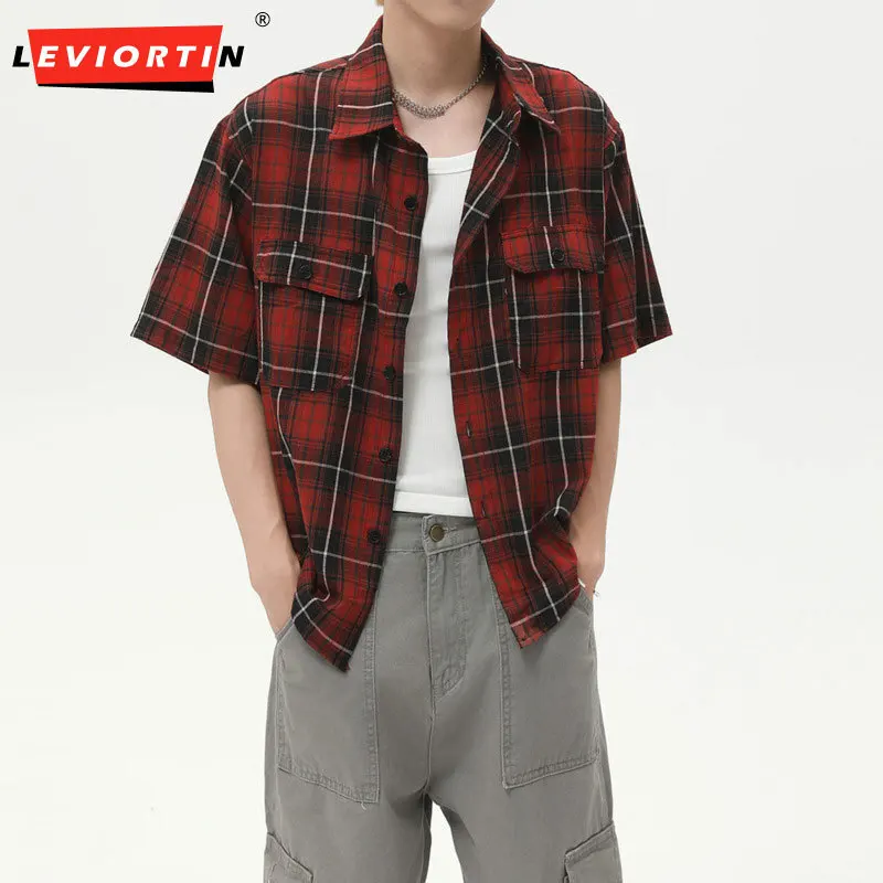 

Лето 2029, мужская модная тенденция, ретро нишевый дизайн, клетчатая рубашка с короткими рукавами, мужская повседневная свободная и универсальная простая рубашка