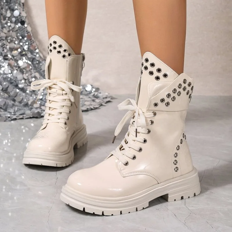 New Round Toe Fashionable Side Zipper Motorcycle Shoes Solid Color Elegant Warm Casual Lace-up Non-slip Women's Boots Plus Size