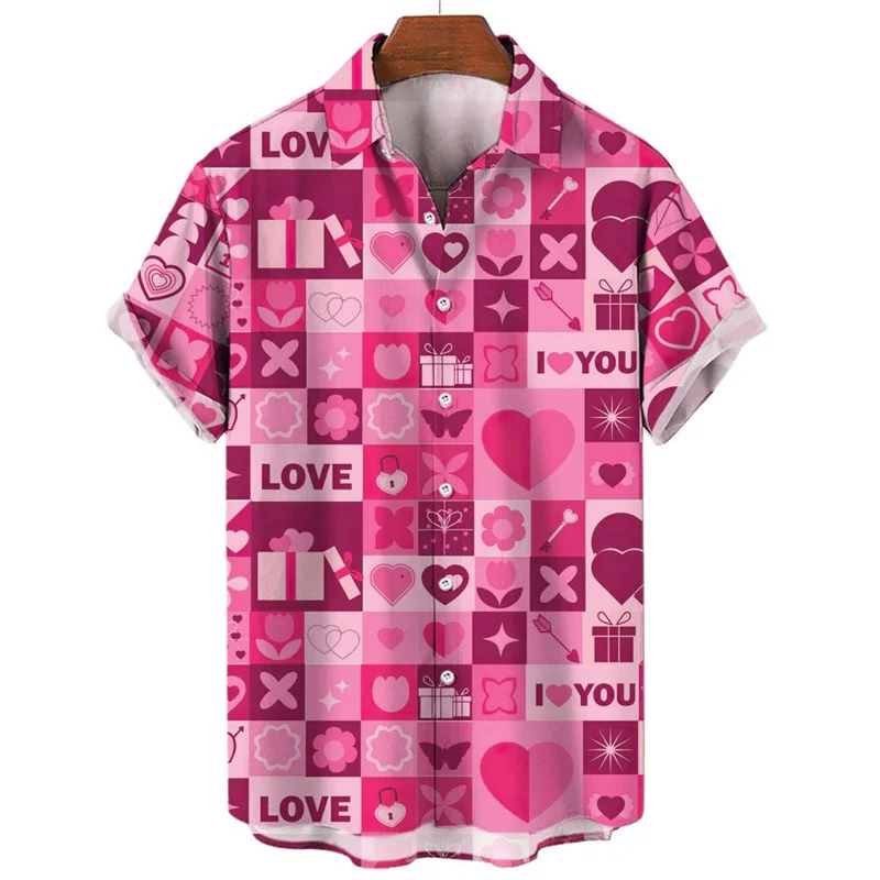 Fashion 3d Print Love Heart Hawaiian Shirt Men Women Valentine's Day Summer Shirts Short Sleeves Button Down Blouse Clothing