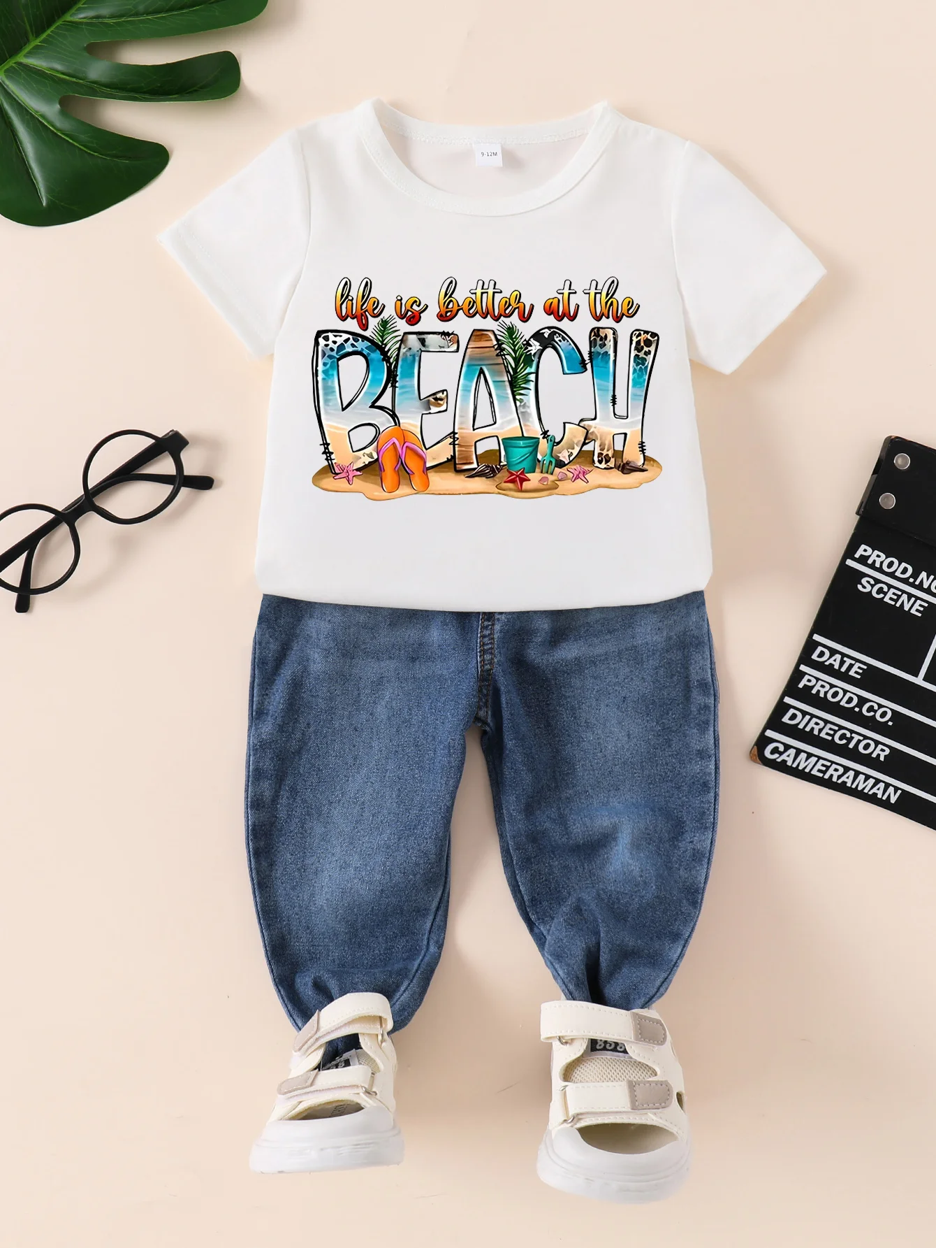 Summer New Boys and Girls Short sleeved White T-shirt Round Neck Pullover+Denim Pants Set