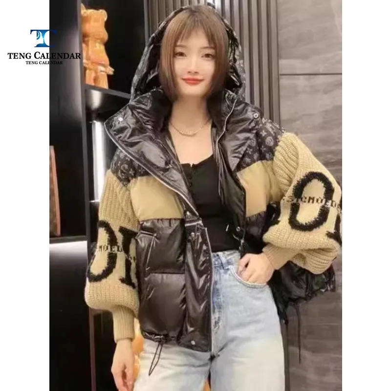 Down jacket fashionable, denim patchwork hooded letter knitted sleeves thick white duck down jacket, women\'s  winter new style