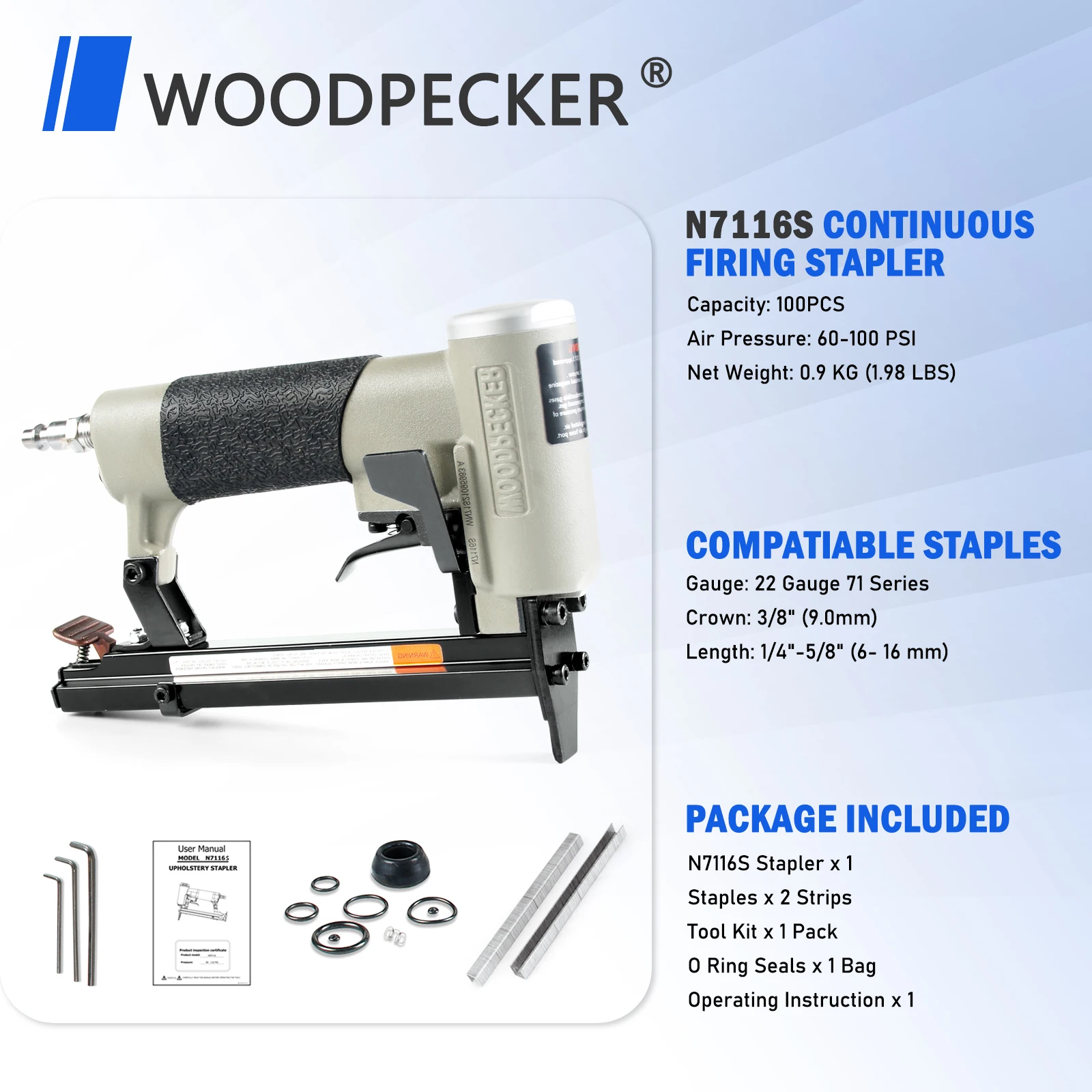 WOODPECKER N7116S 22 Gauge Pneumatic Continuous Firing Upholstery Stapler, 9.0mm Crown 6-16mm Length, for Woodworking, Furniture