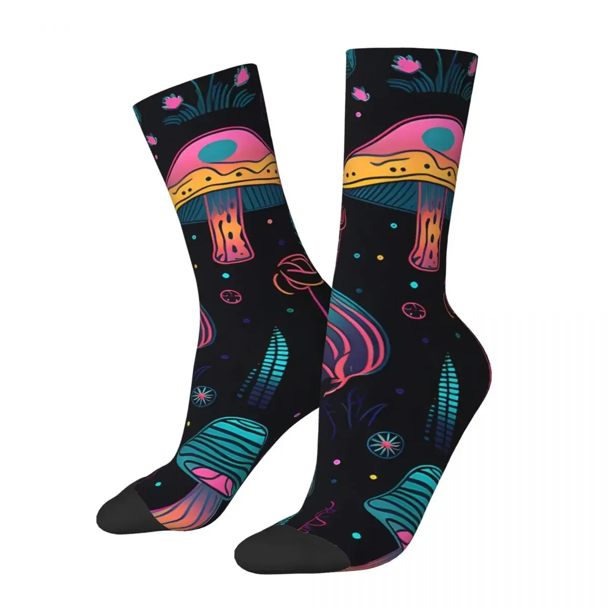 Vintage Neon Mushrooms And Plants 90S 80S - Halloween Witchy Pattern - Earthy Nature Men's compression Socks Unisex Harajuku