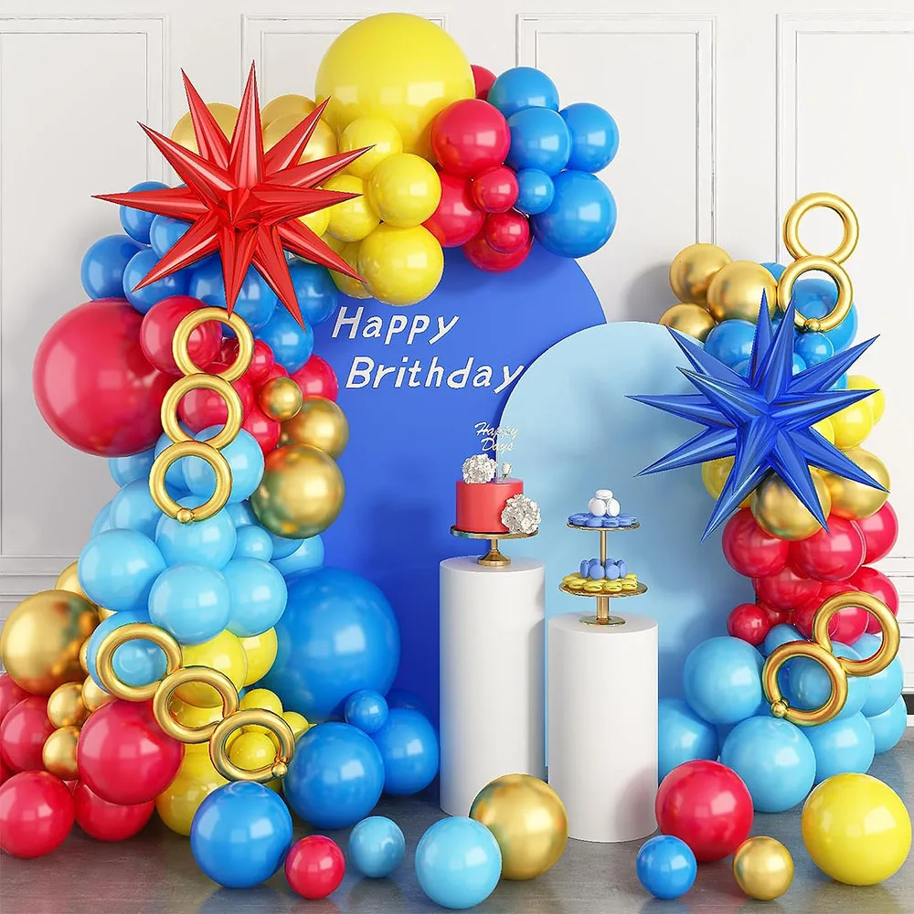 Balloon Arch Set,red Blue Yellow Balloon Garland Set with Starburst Balloon for Cartoon Hedgehog Carnival Circus Theme Birthday Party Baby Shower Decor